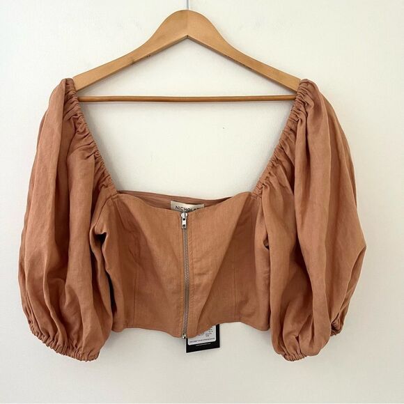 Revolve Nicholas Daw Cropped Linen Top Zip Front Puff Sleeve, Size 6, NWT - Picture 3 of 12